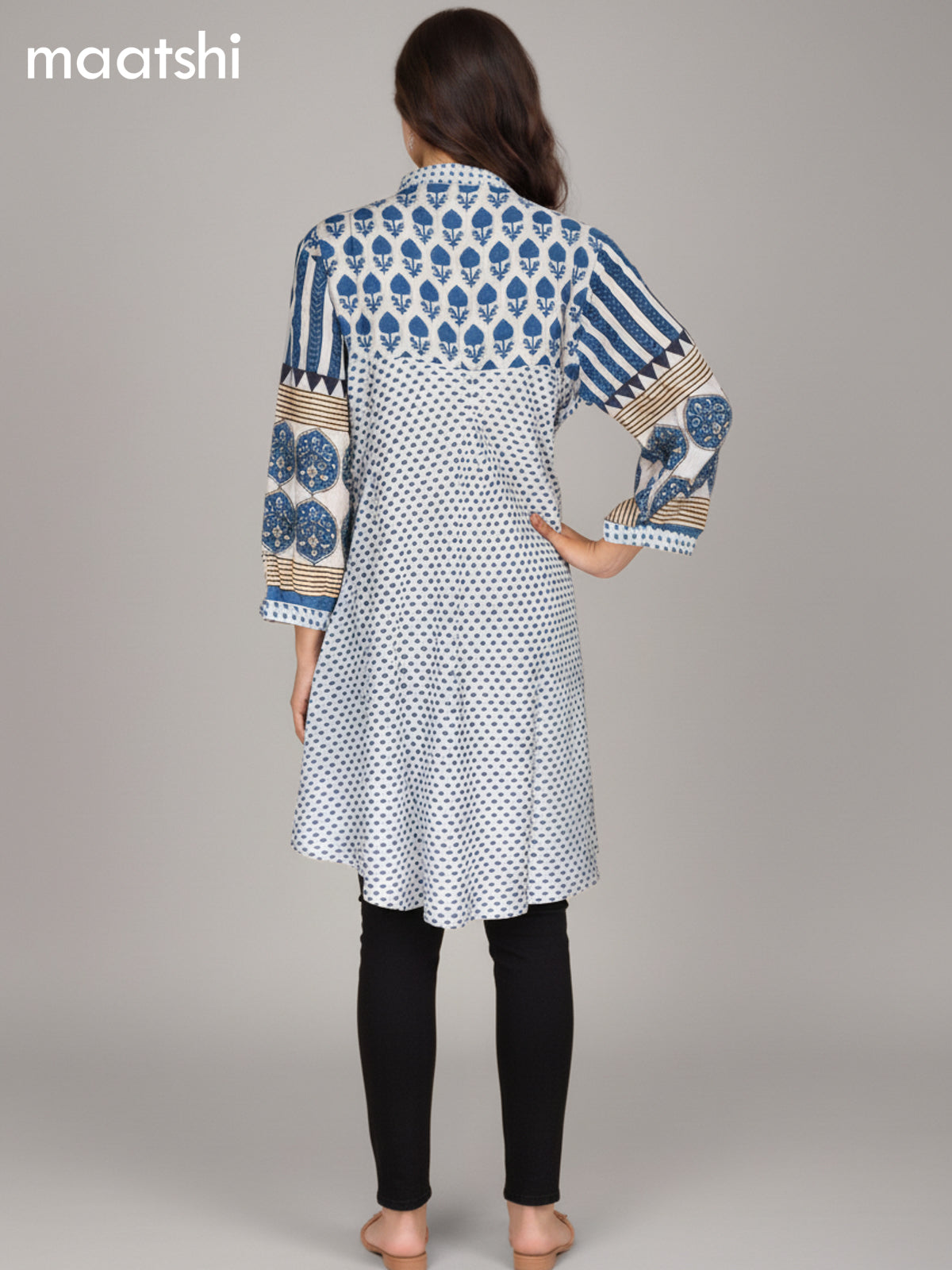 Grey and Blue Muslin Ajrakh Printed Short Kurti