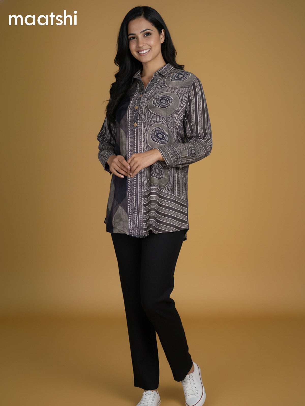 Black and Grey Shade Crepe Silk Printed Women Shirt