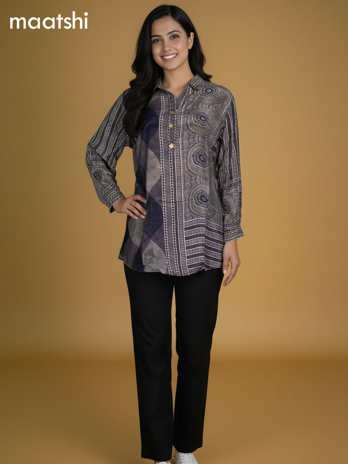 Black and Grey Shade Crepe Silk Printed Women Shirt