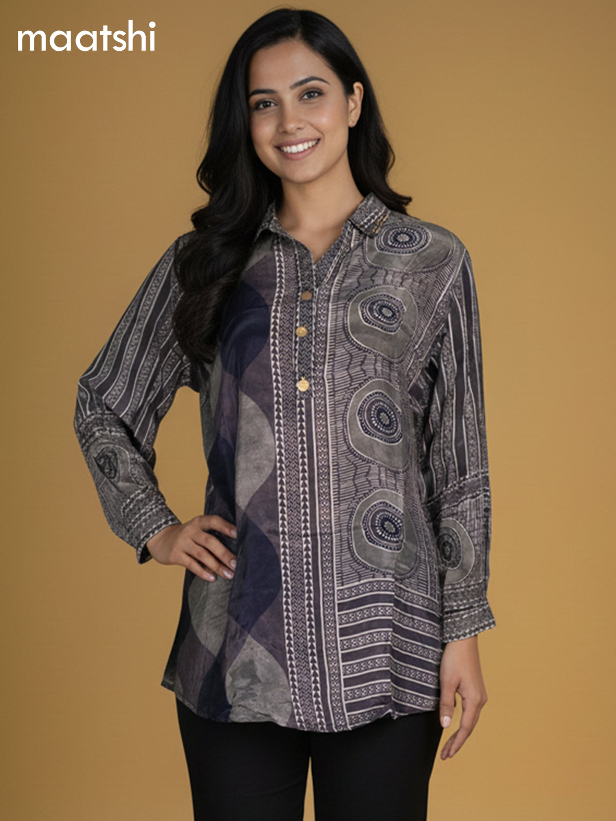 Black and Grey Shade Crepe Silk Printed Women Shirt