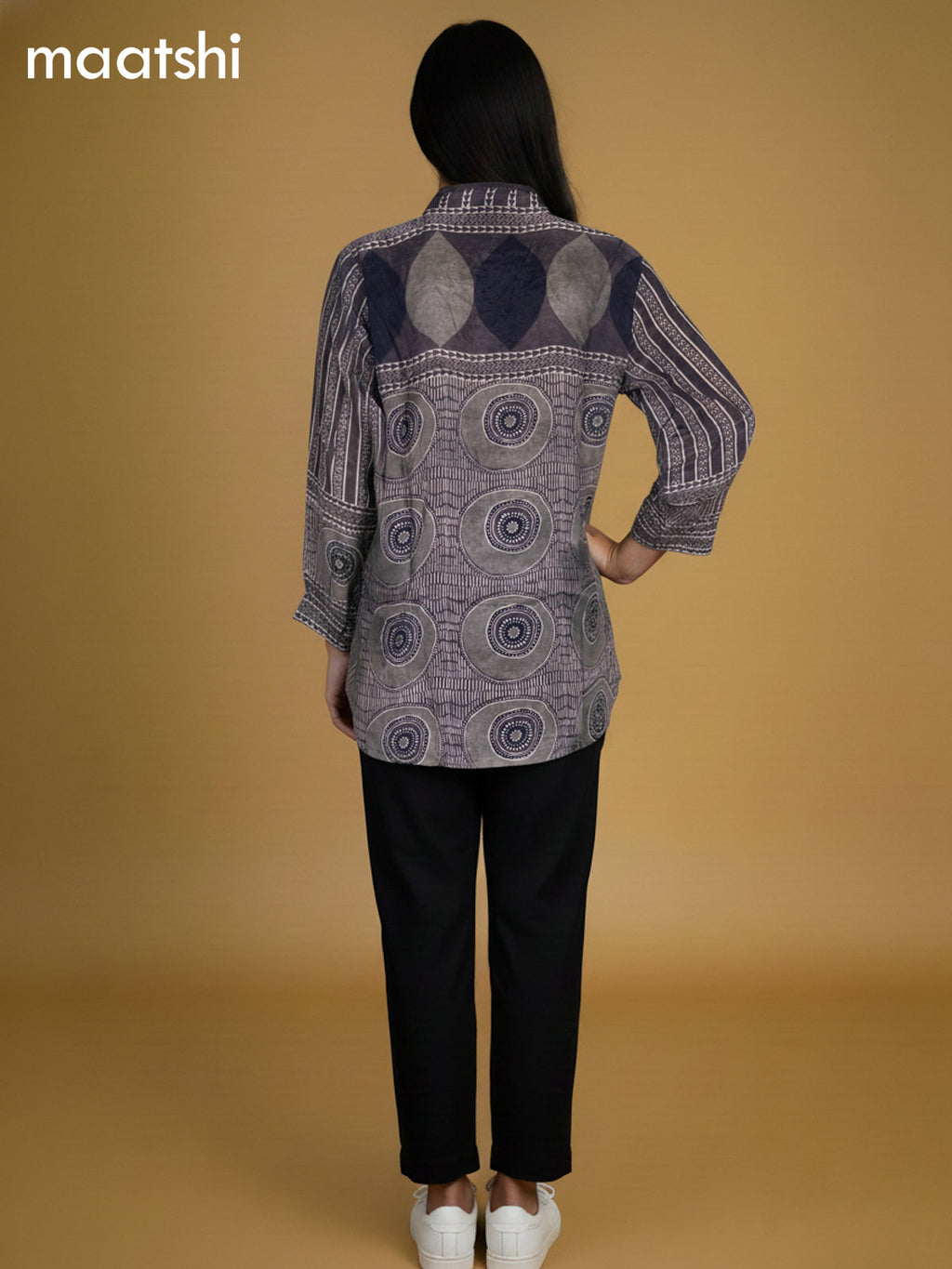 Black and Grey Shade Crepe Silk Printed Women Shirt