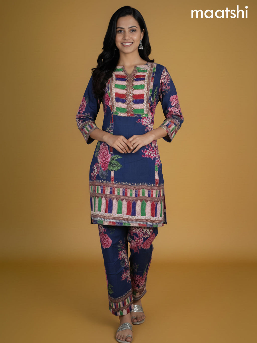 Dark Peacock Blue Rayon Printed Co-Ord Set