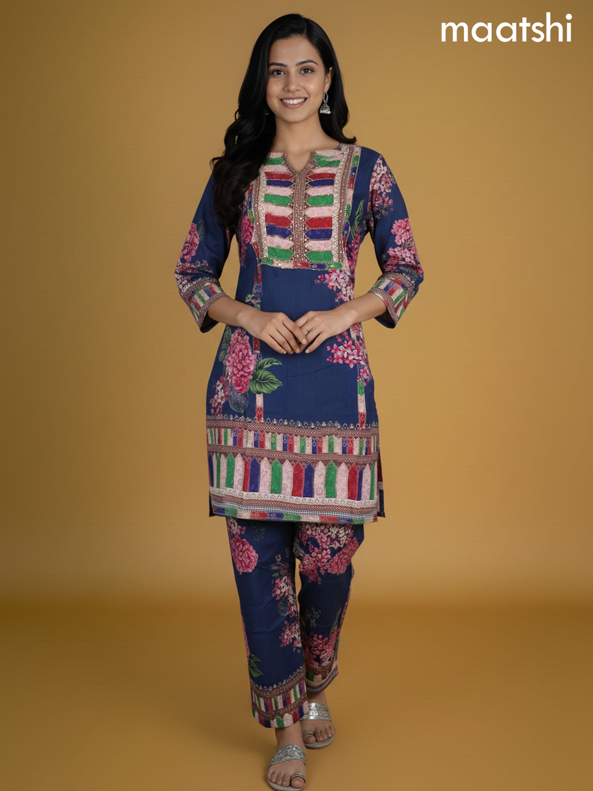 Dark Peacock Blue Rayon Printed Co-Ord Set