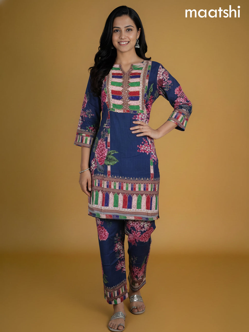 Dark Peacock Blue Rayon Printed Co-Ord Set