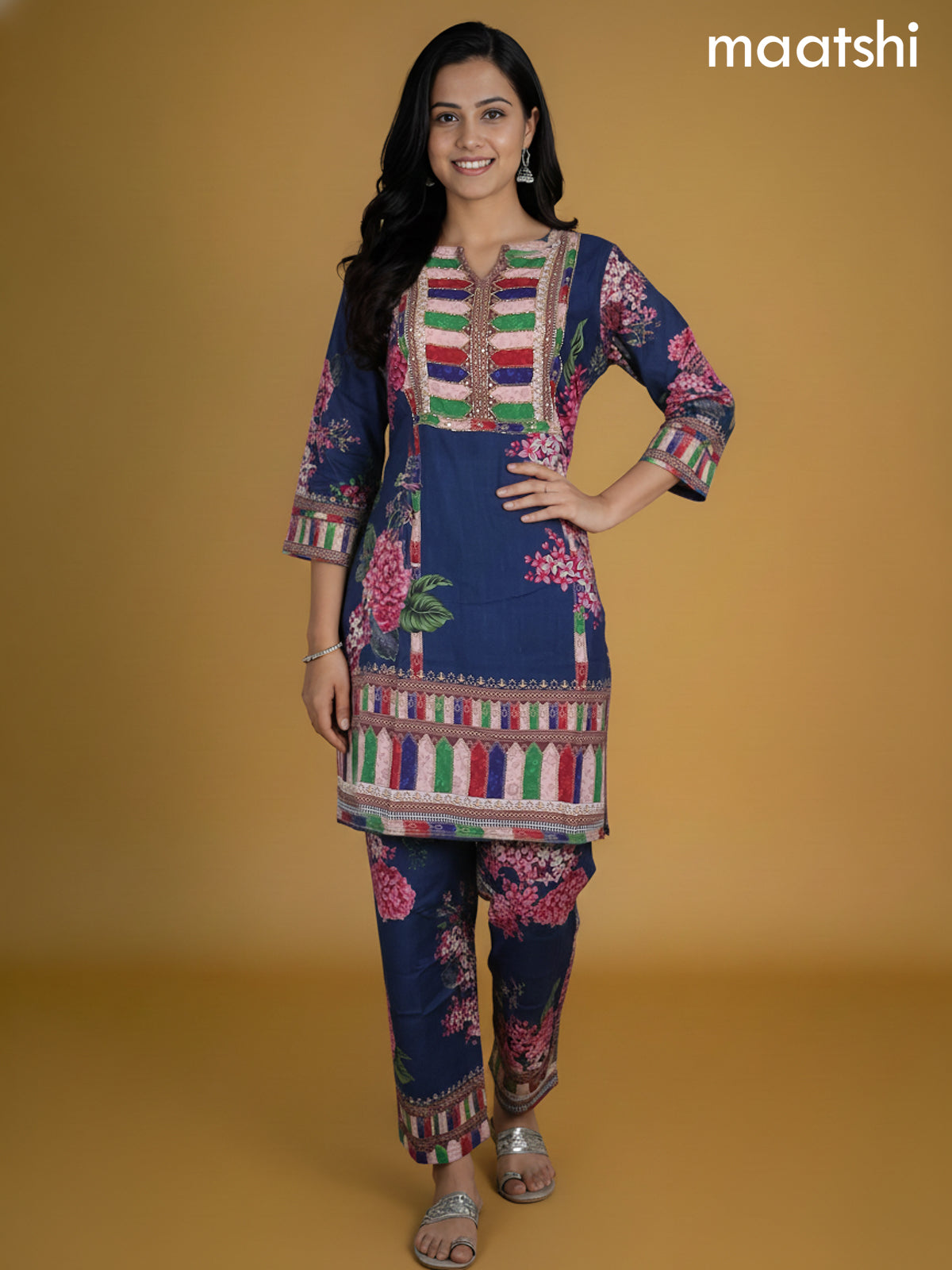 Dark Peacock Blue Rayon Printed Co-Ord Set