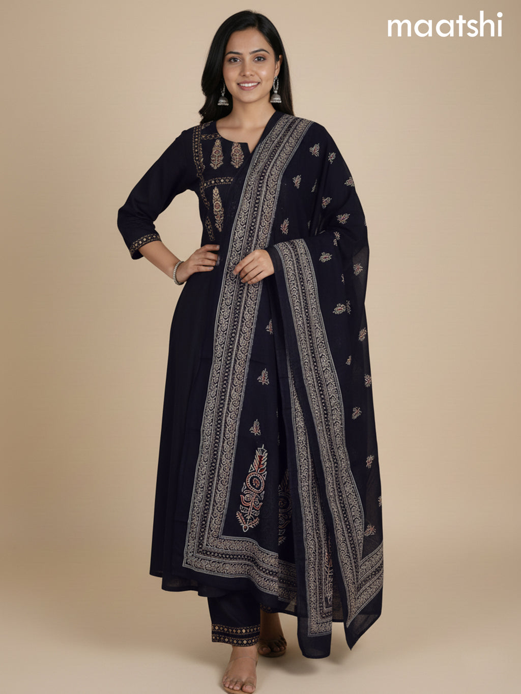 Black Cotton Printed Neck Pattern Anarkali Suit