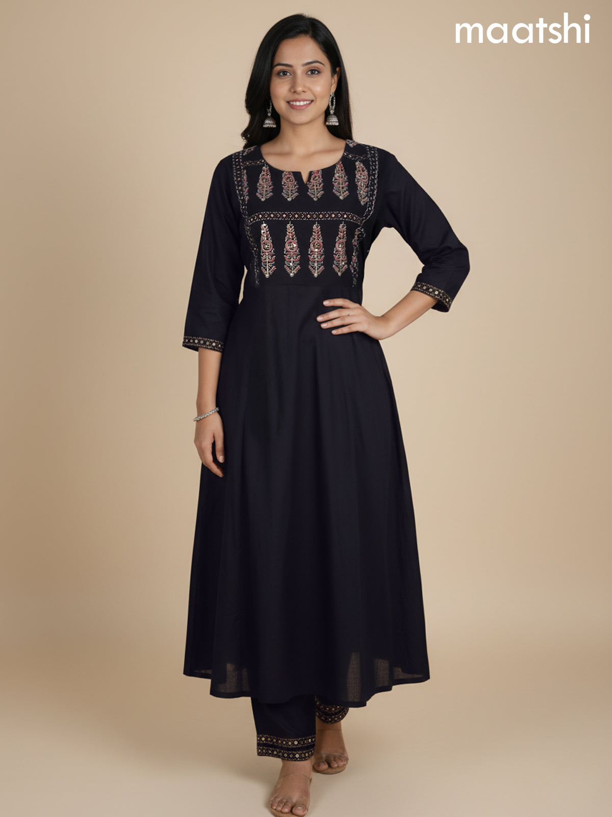 Black Cotton Printed Neck Pattern Anarkali Suit