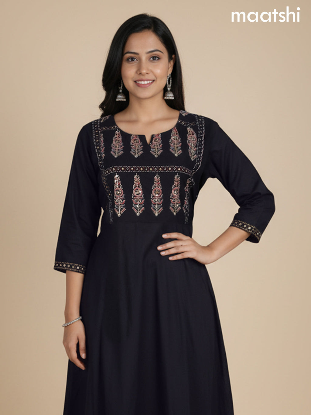 Black Cotton Printed Neck Pattern Anarkali Suit