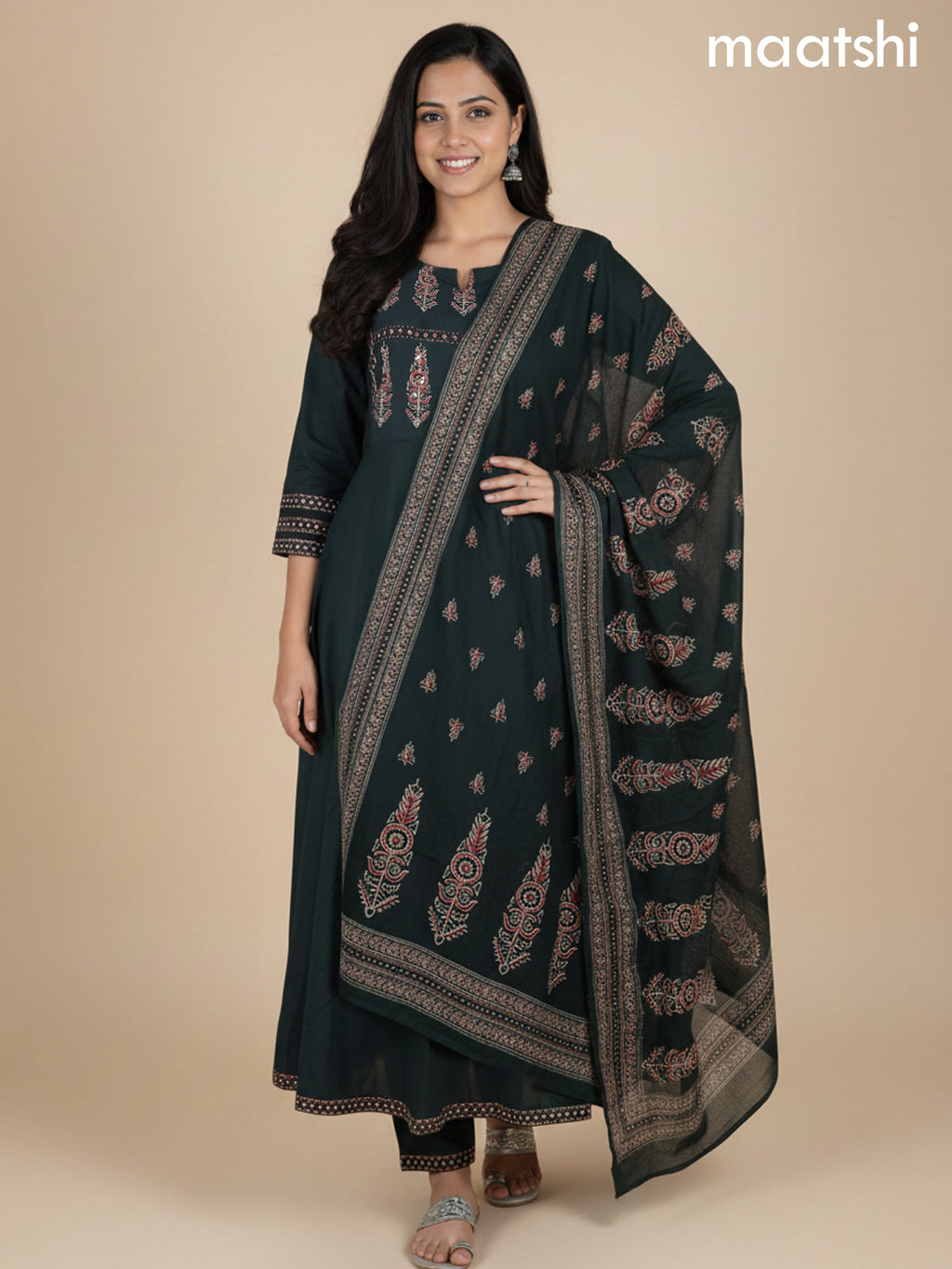 Bottle Green Cotton Printed Neck Pattern Anarkali Suit