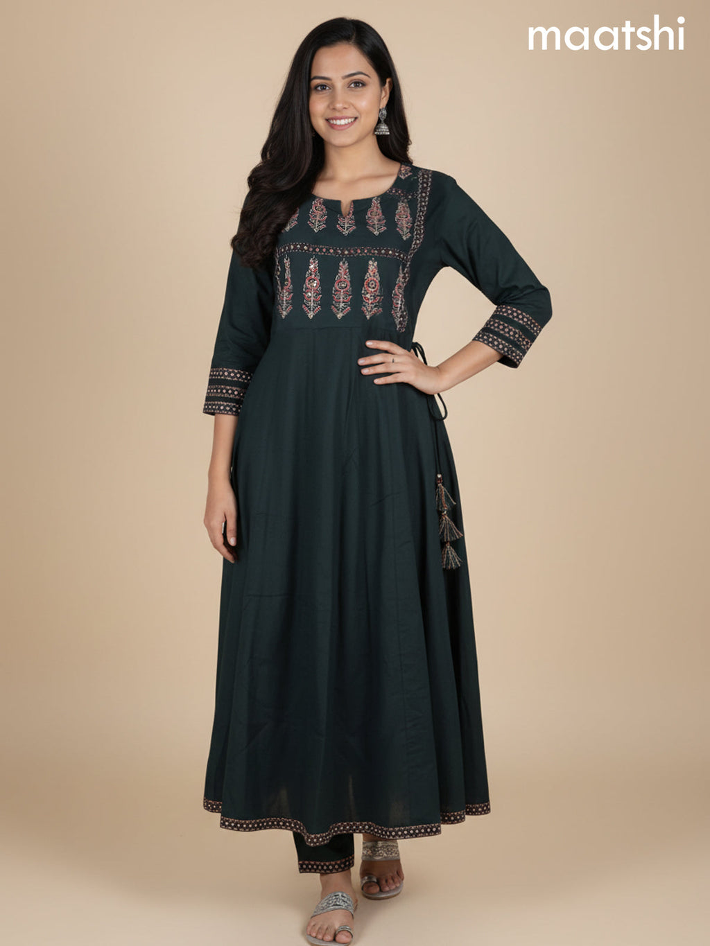 Bottle Green Cotton Printed Neck Pattern Anarkali Suit