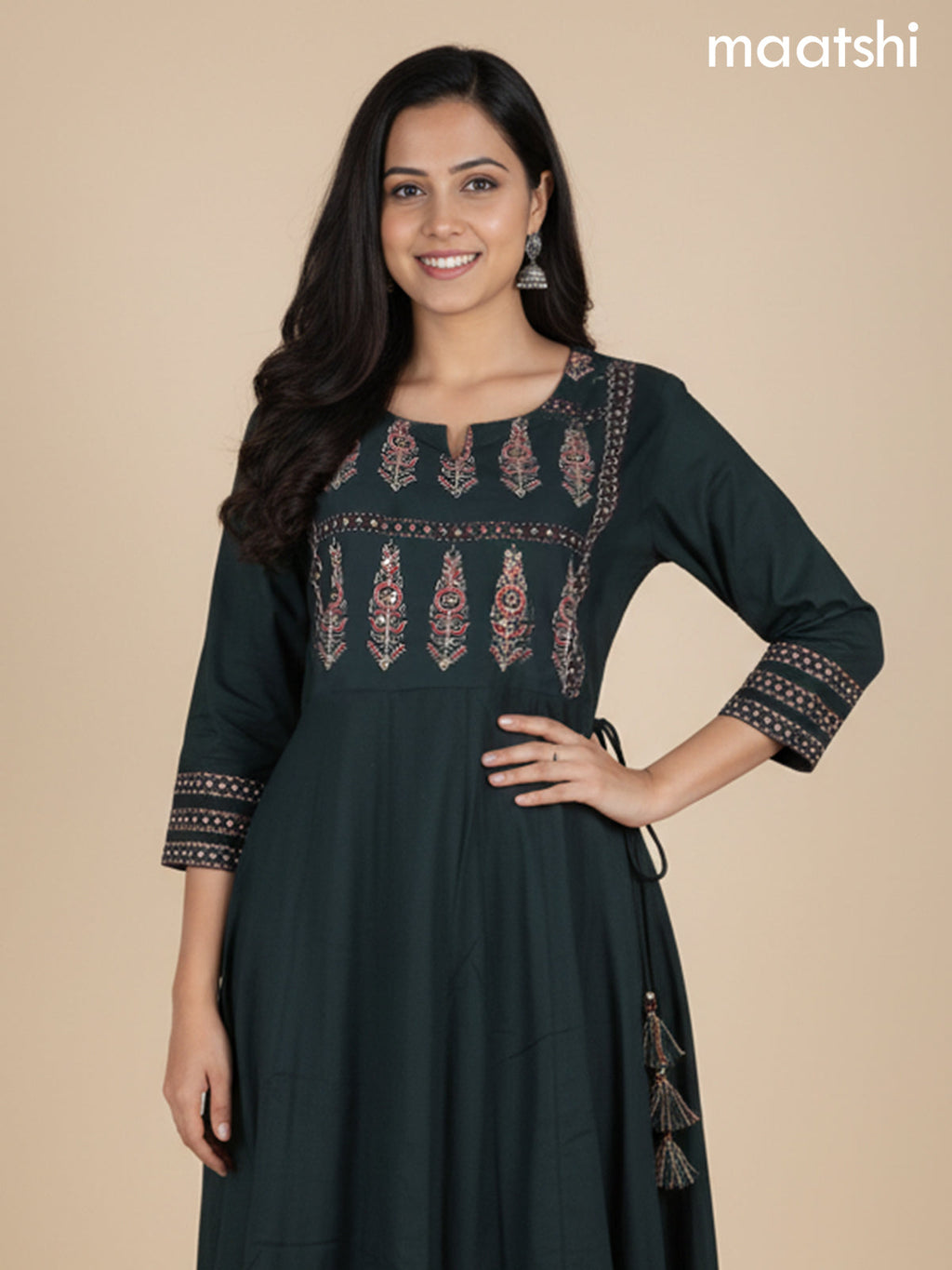 Bottle Green Cotton Printed Neck Pattern Anarkali Suit