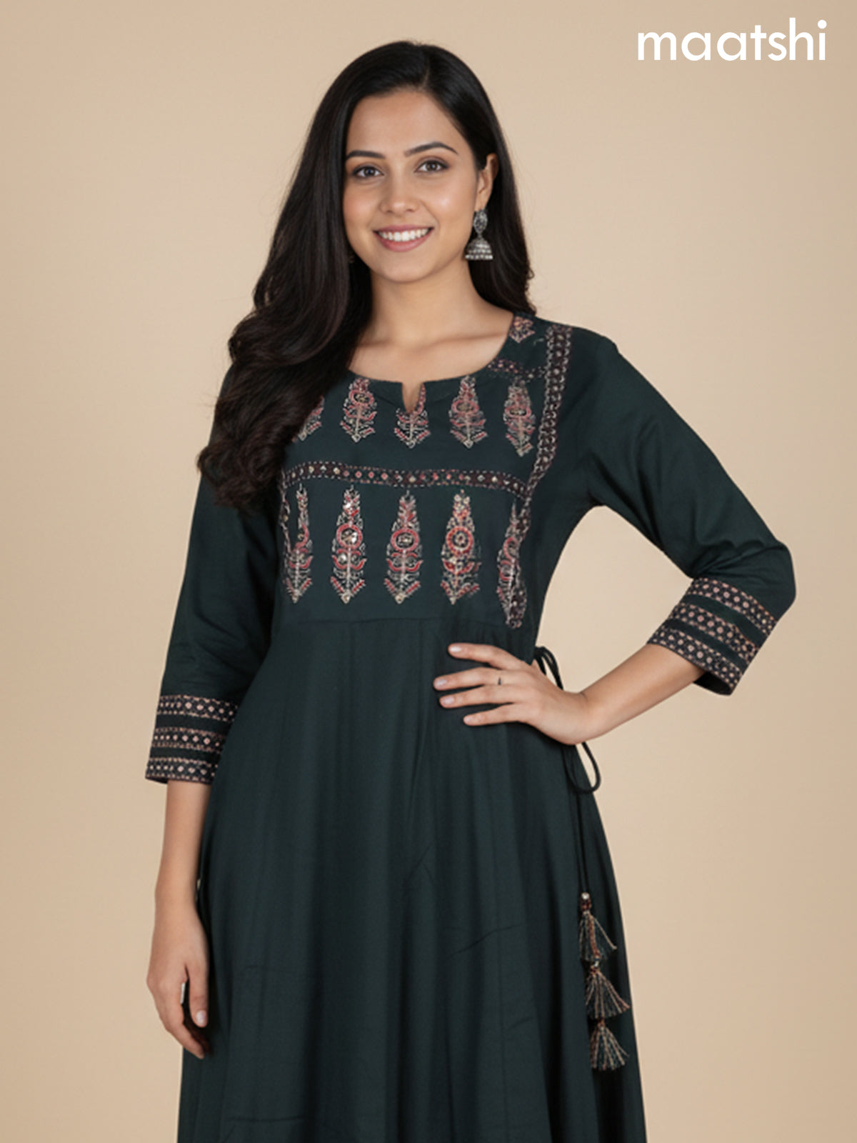 Bottle Green Cotton Printed Neck Pattern Anarkali Suit