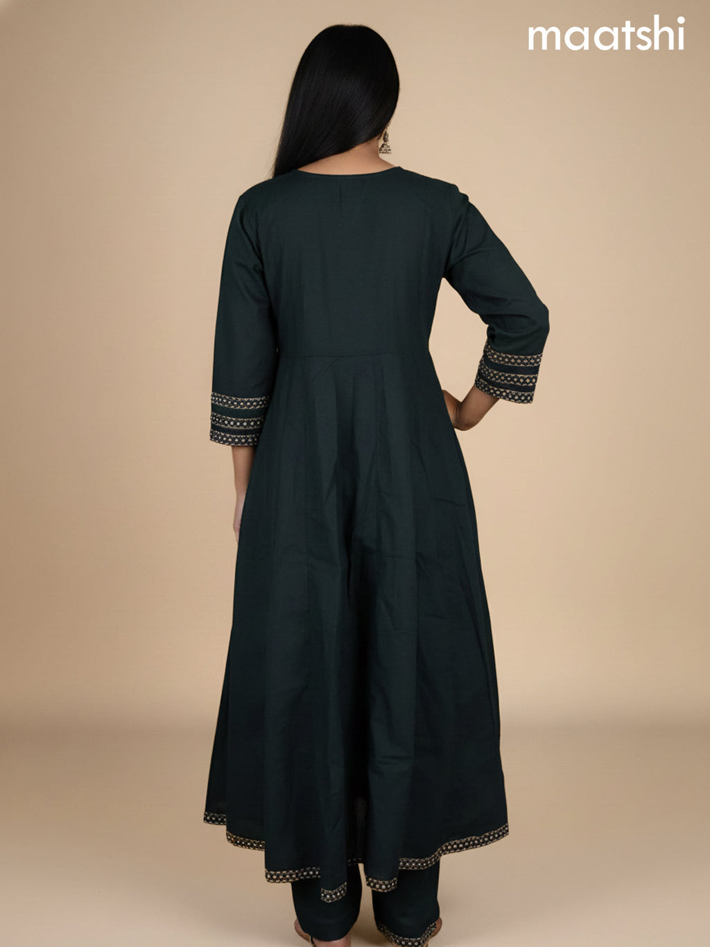 Bottle Green Cotton Printed Neck Pattern Anarkali Suit