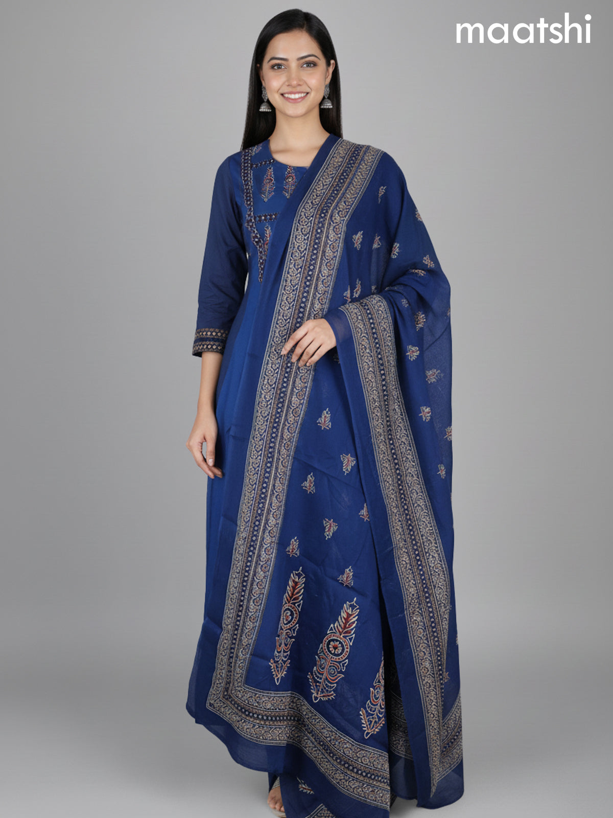 Blue Cotton Printed Neck Pattern Anarkali Suit