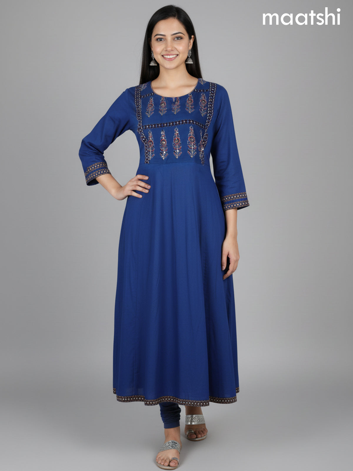 Blue Cotton Printed Neck Pattern Anarkali Suit
