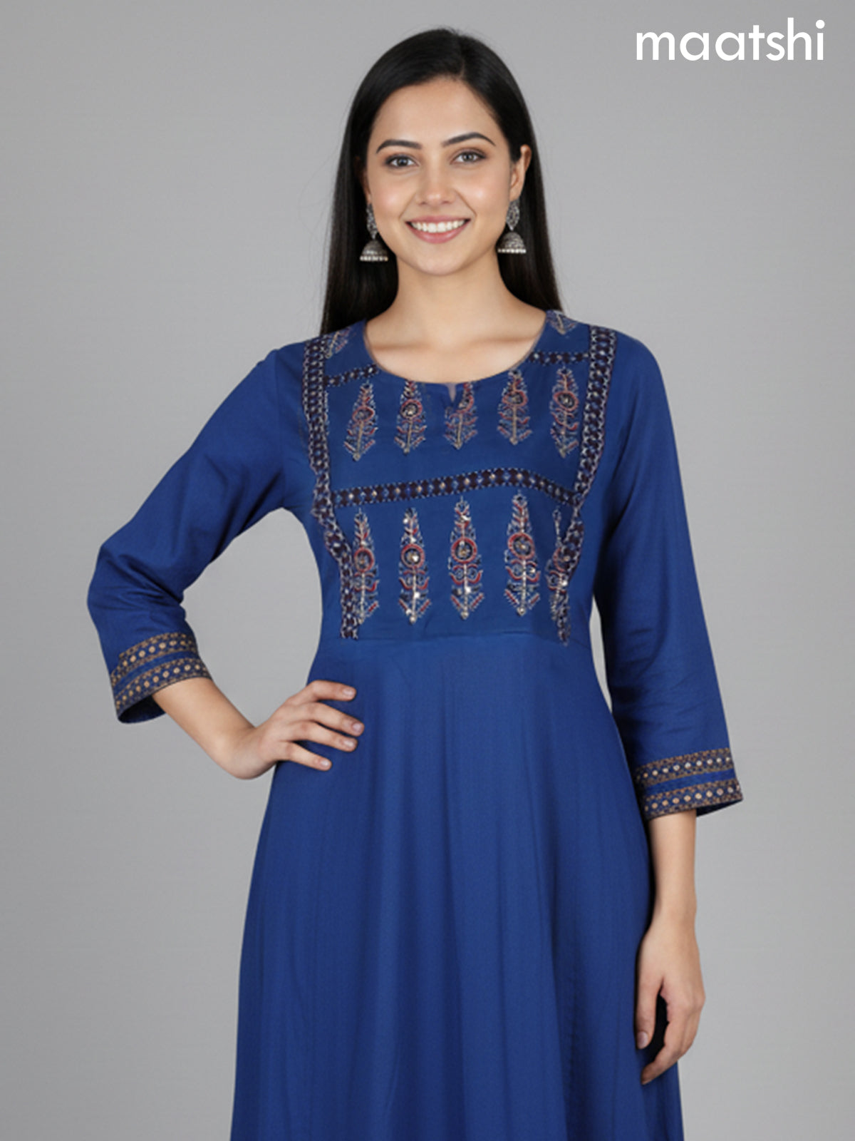 Blue Cotton Printed Neck Pattern Anarkali Suit