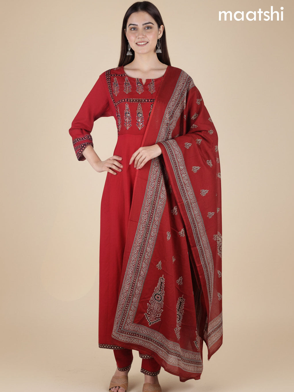 Maroon Cotton Printed Neck Pattern Anarkali Suit