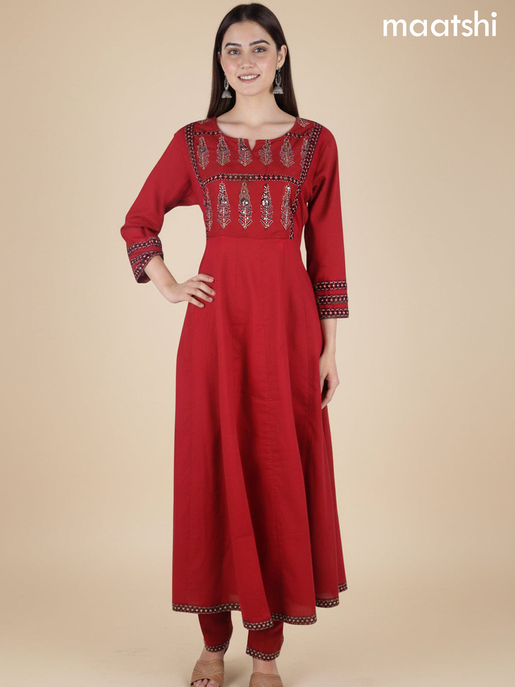 Maroon Cotton Printed Neck Pattern Anarkali Suit
