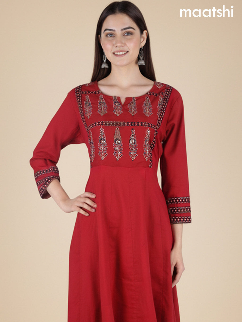 Maroon Cotton Printed Neck Pattern Anarkali Suit