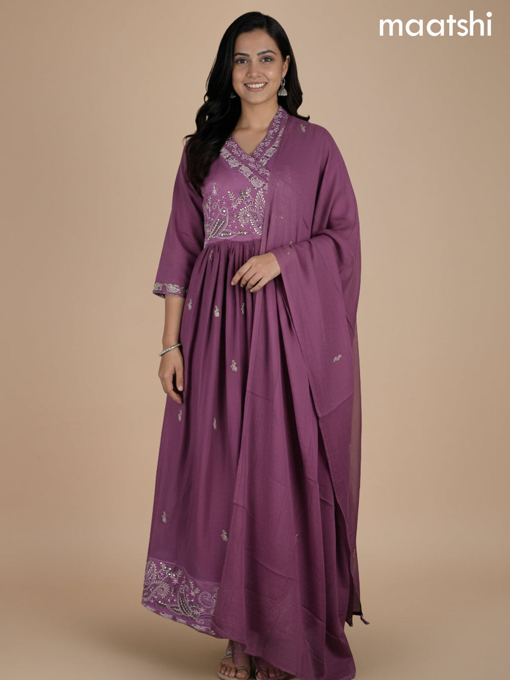 Dark Mauve Pink Cotton Embroidery Work Anarkali Suit