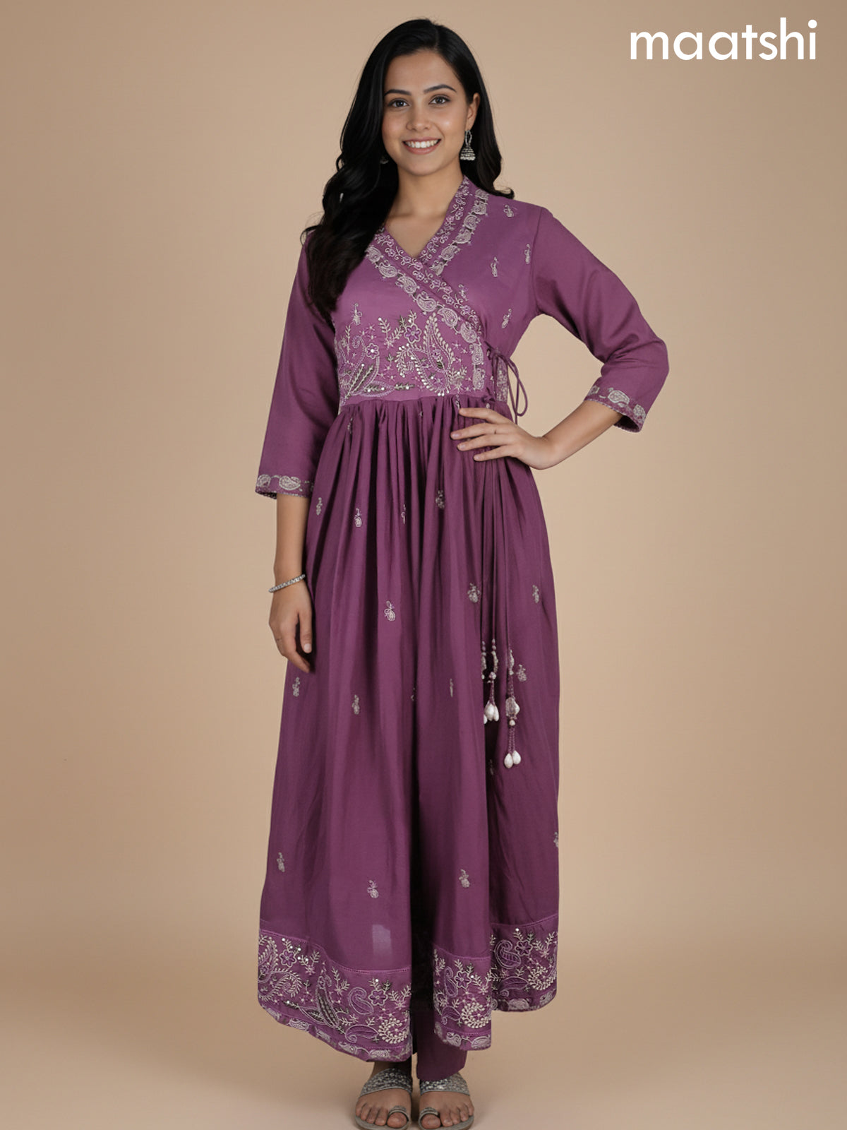 Dark Mauve Pink Cotton Embroidery Work Anarkali Suit