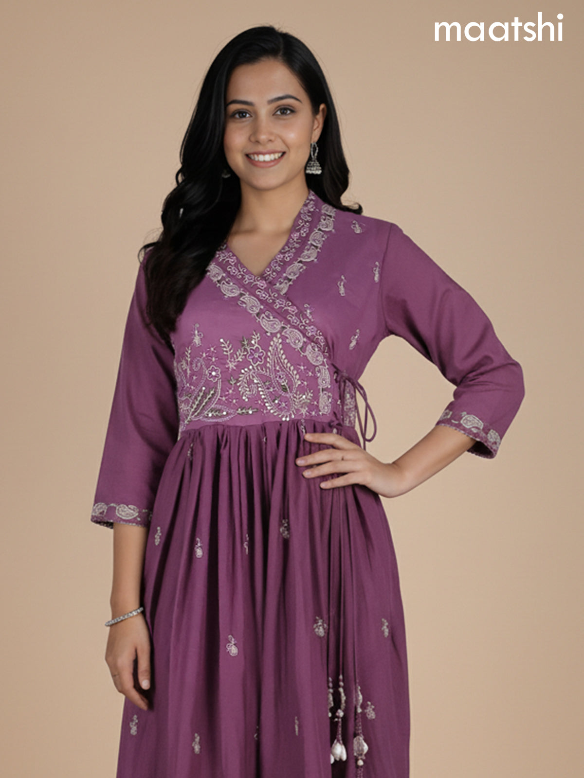 Dark Mauve Pink Cotton Embroidery Work Anarkali Suit