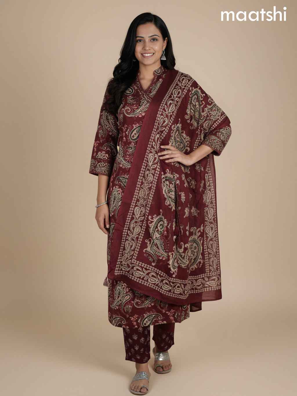 Maroon Cotton Block Printed Straight Suit