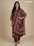 Maroon Cotton Block Printed Straight Suit