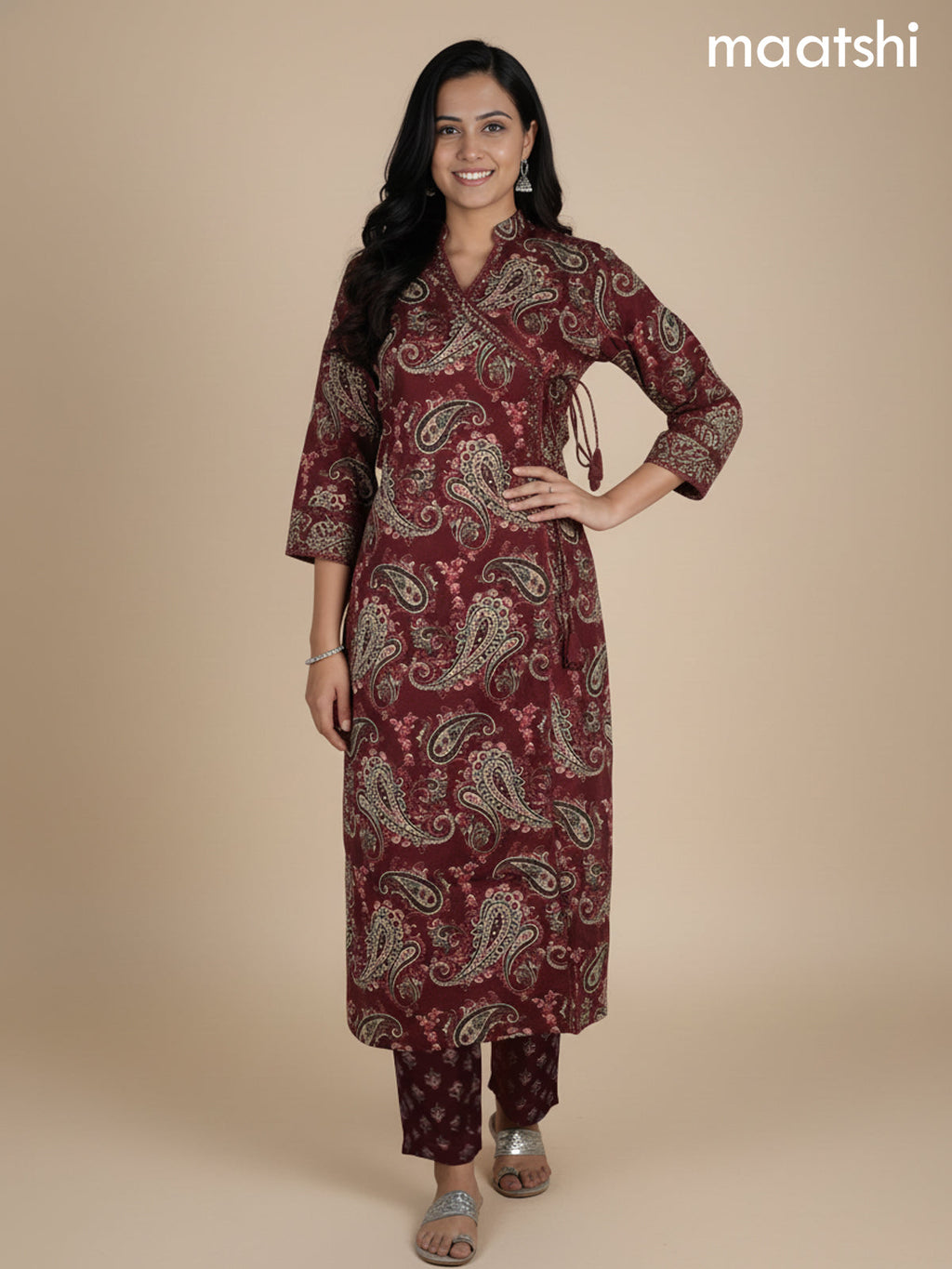 Maroon Cotton Block Printed Straight Suit
