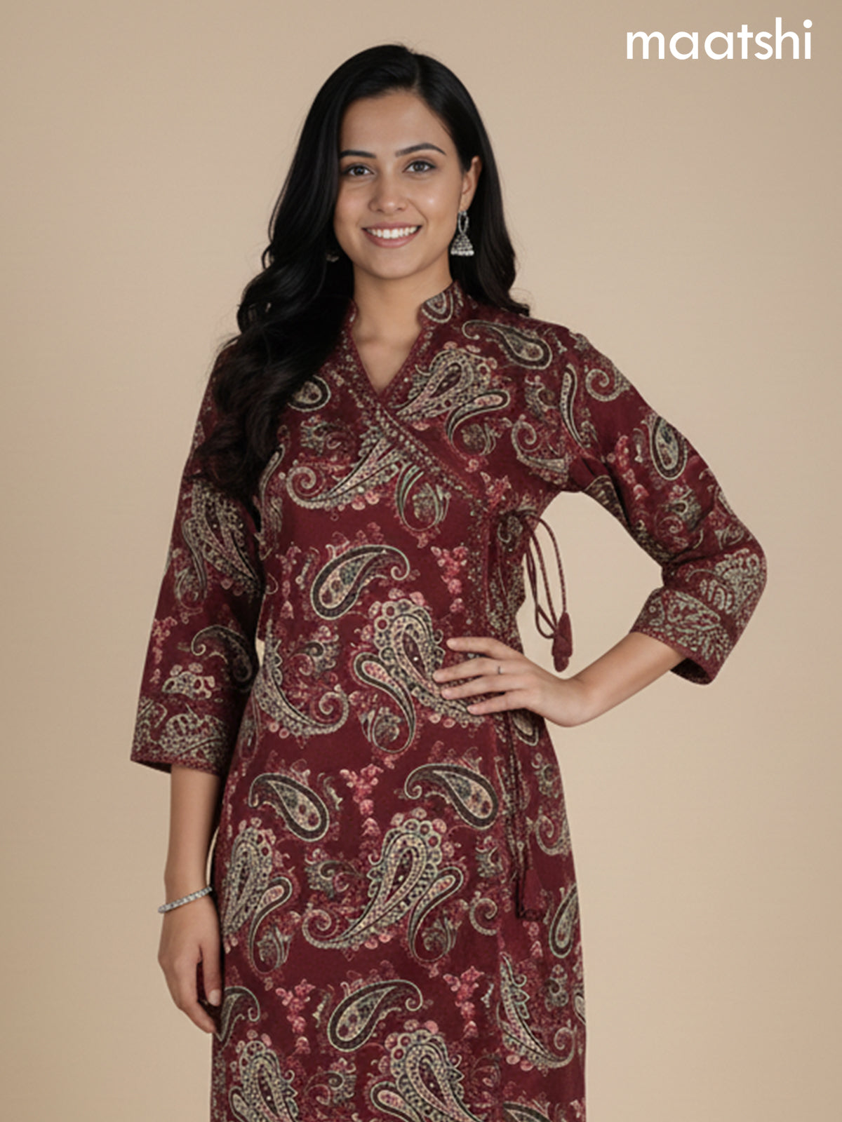 Maroon Cotton Block Printed Straight Suit