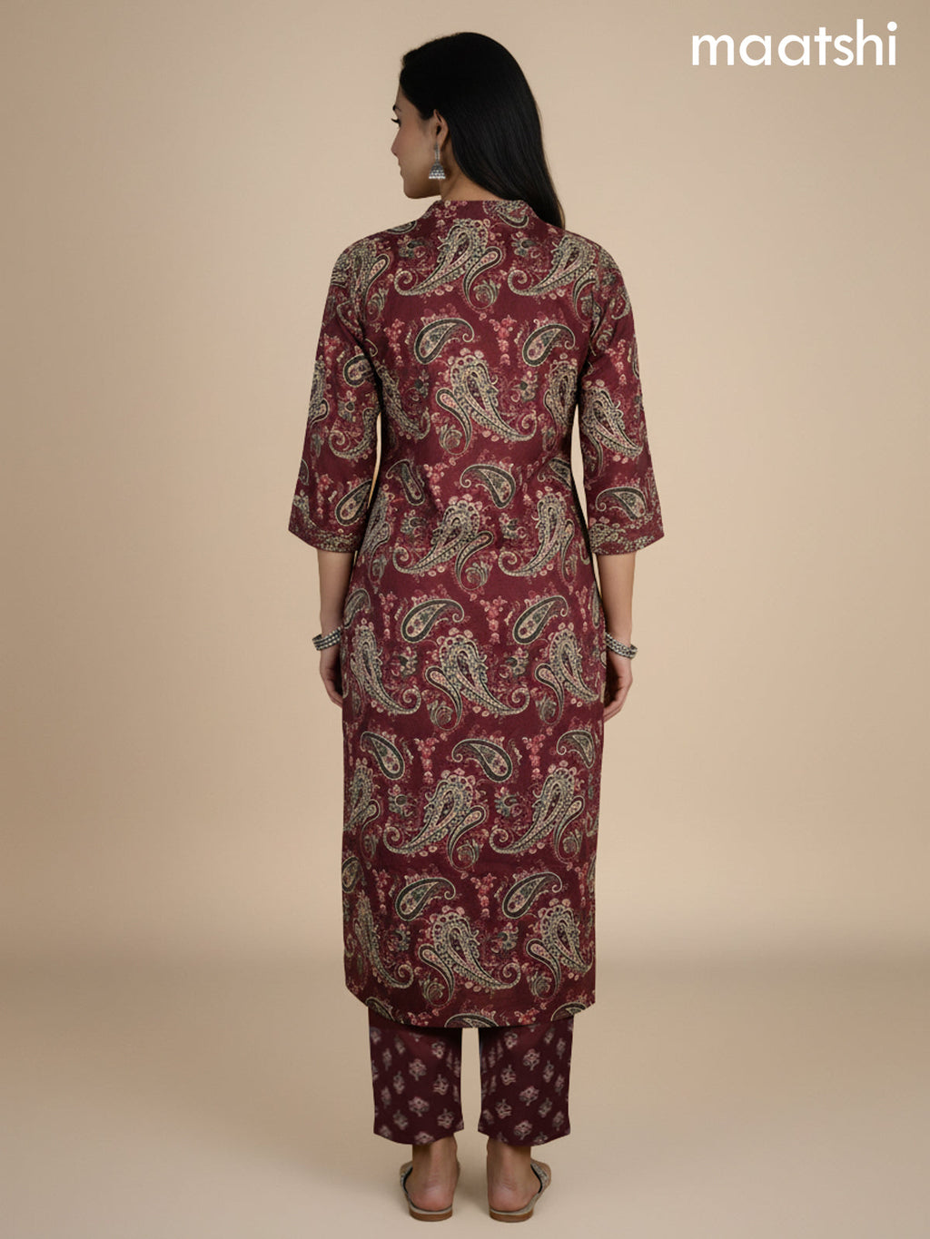 Maroon Cotton Block Printed Straight Suit
