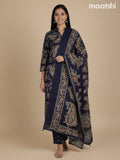 Deep Navy Blue Cotton Block Printed Straight Suit
