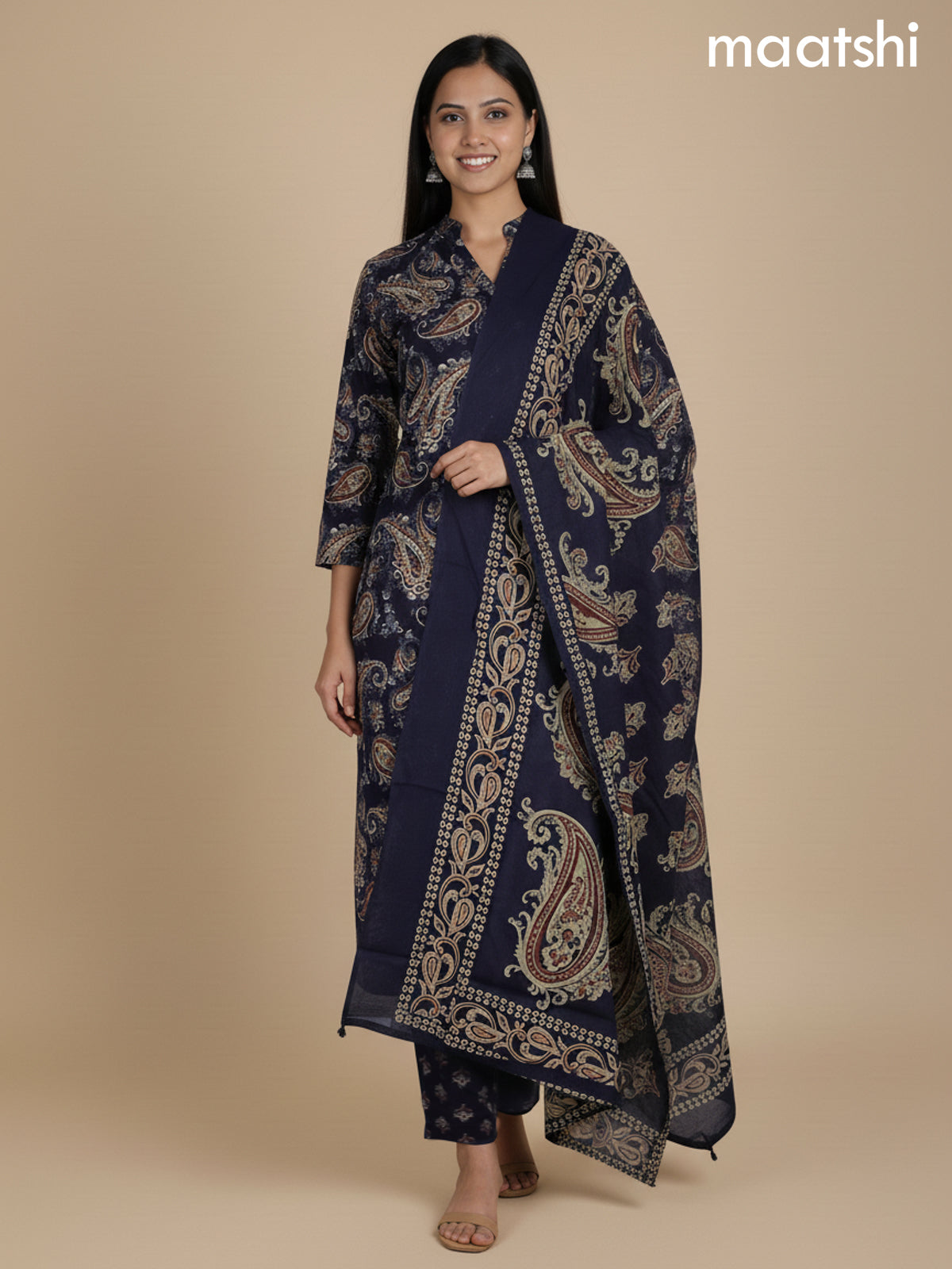 Deep Navy Blue Cotton Block Printed Straight Suit