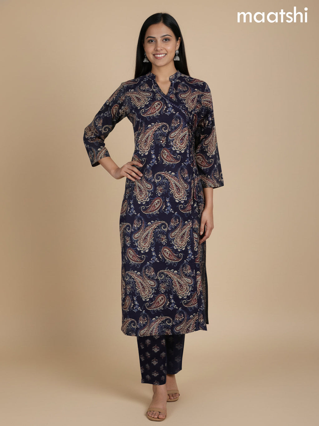 Deep Navy Blue Cotton Block Printed Straight Suit