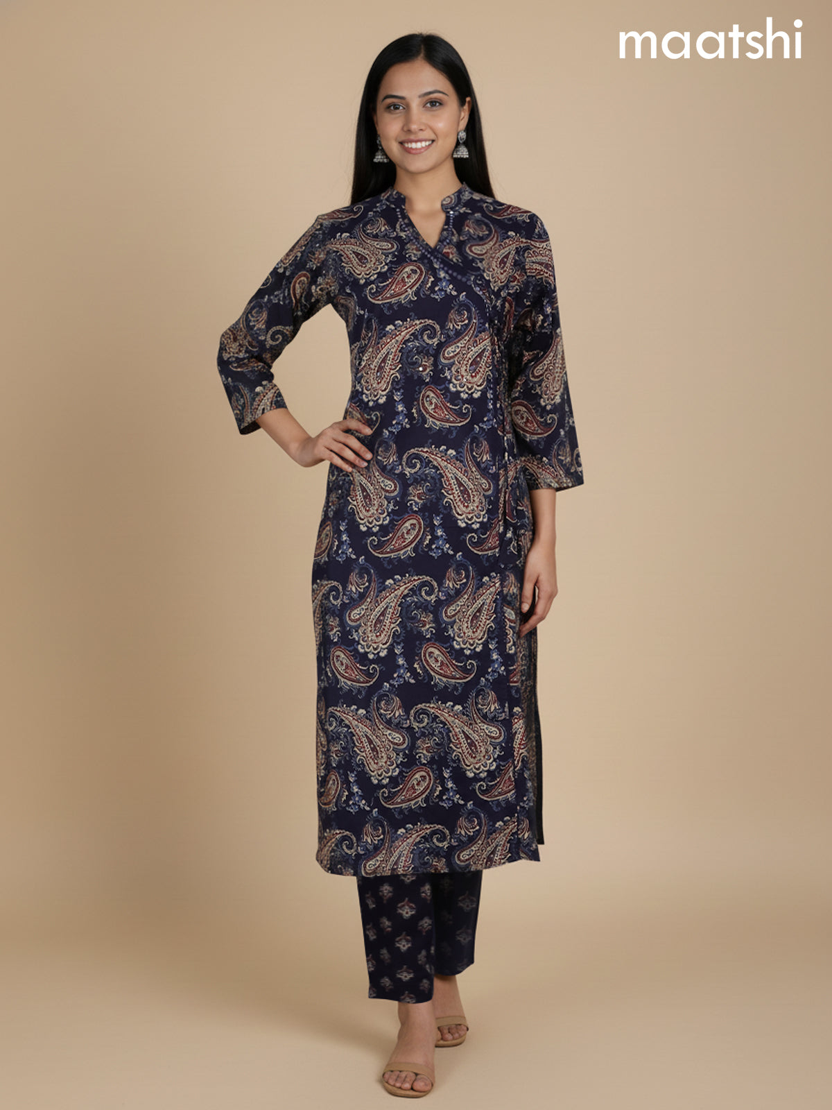 Deep Navy Blue Cotton Block Printed Straight Suit