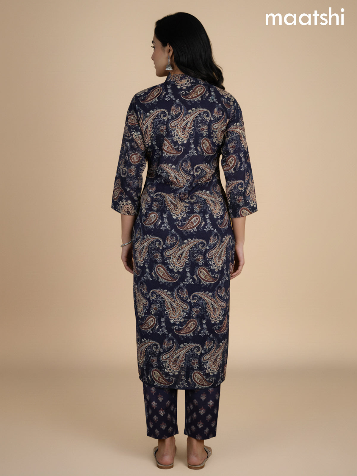 Deep Navy Blue Cotton Block Printed Straight Suit