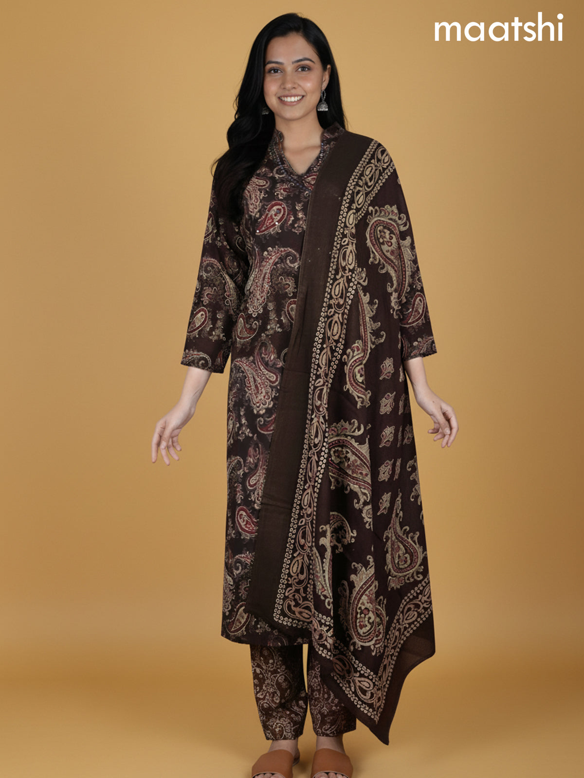 Deep Brown Cotton Block Printed Straight Suit