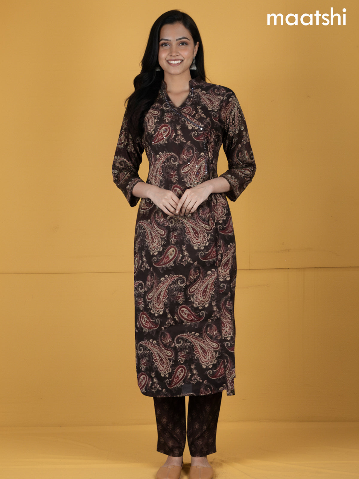 Deep Brown Cotton Block Printed Straight Suit