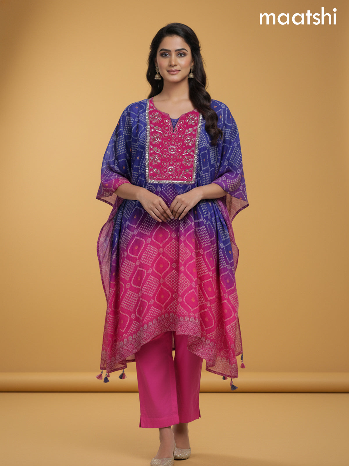 Violet Shade and Pink Crepe Silk Bandhani Printed Kaftan Dress