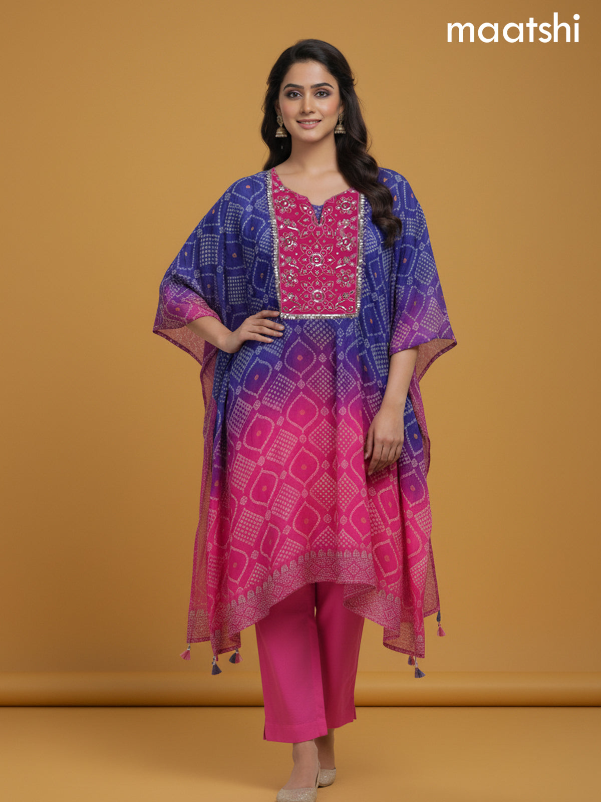 Violet Shade and Pink Crepe Silk Bandhani Printed Kaftan Dress