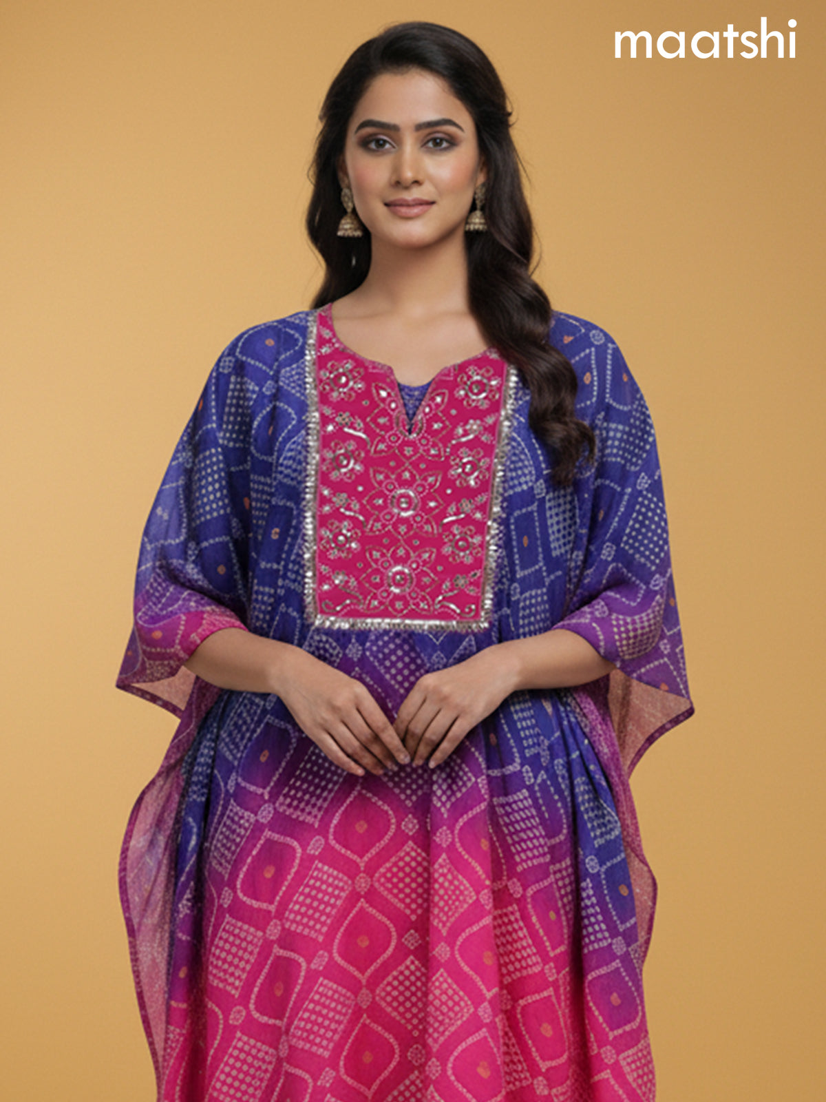 Violet Shade and Pink Crepe Silk Bandhani Printed Kaftan Dress