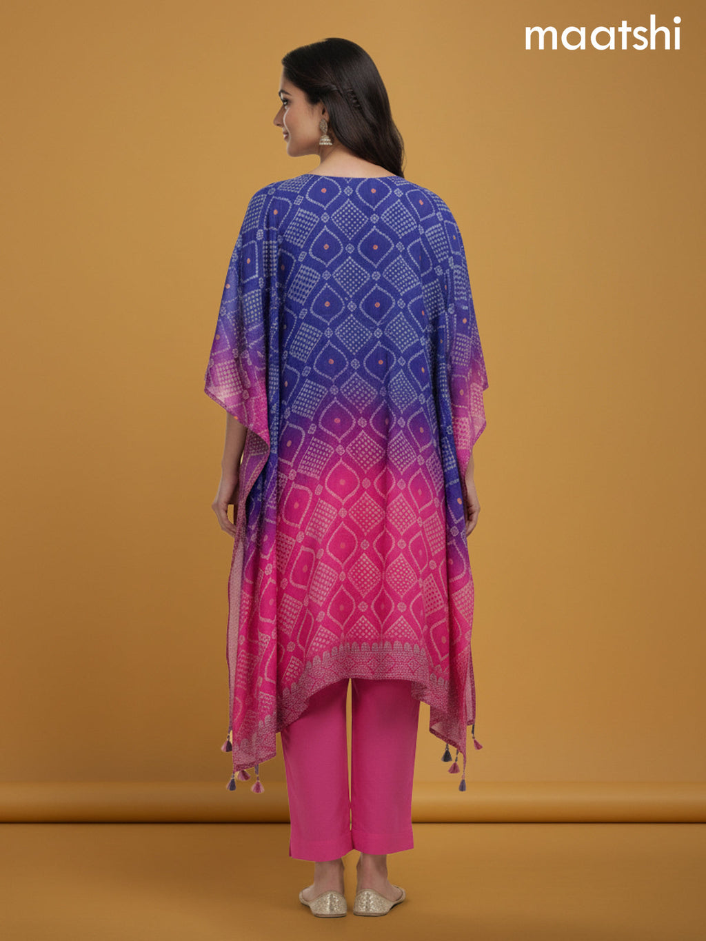 Violet Shade and Pink Crepe Silk Bandhani Printed Kaftan Dress