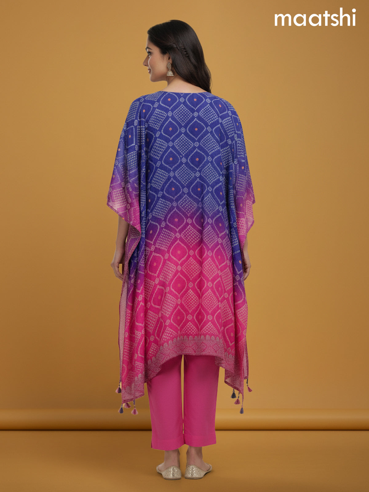 Violet Shade and Pink Crepe Silk Bandhani Printed Kaftan Dress
