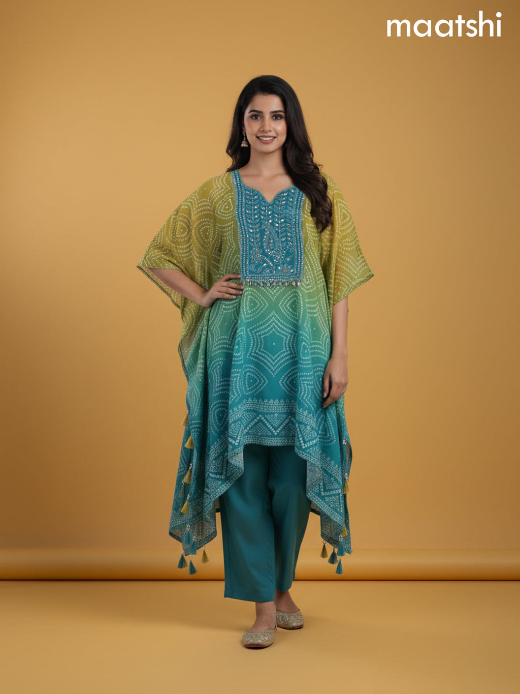 Mustard Shade and Teal Shade Crepe Silk Bandhani Printed Kaftan Dress