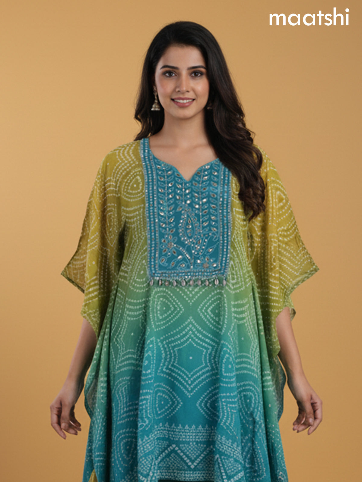 Mustard Shade and Teal Shade Crepe Silk Bandhani Printed Kaftan Dress