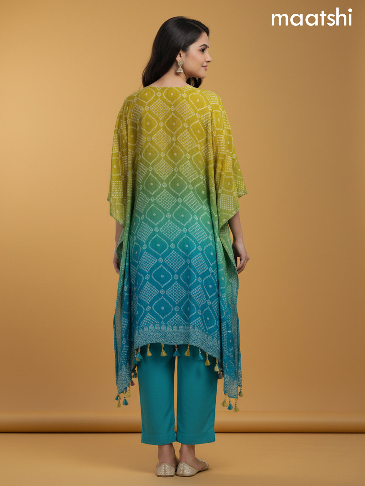 Mustard Shade and Teal Shade Crepe Silk Bandhani Printed Kaftan Dress