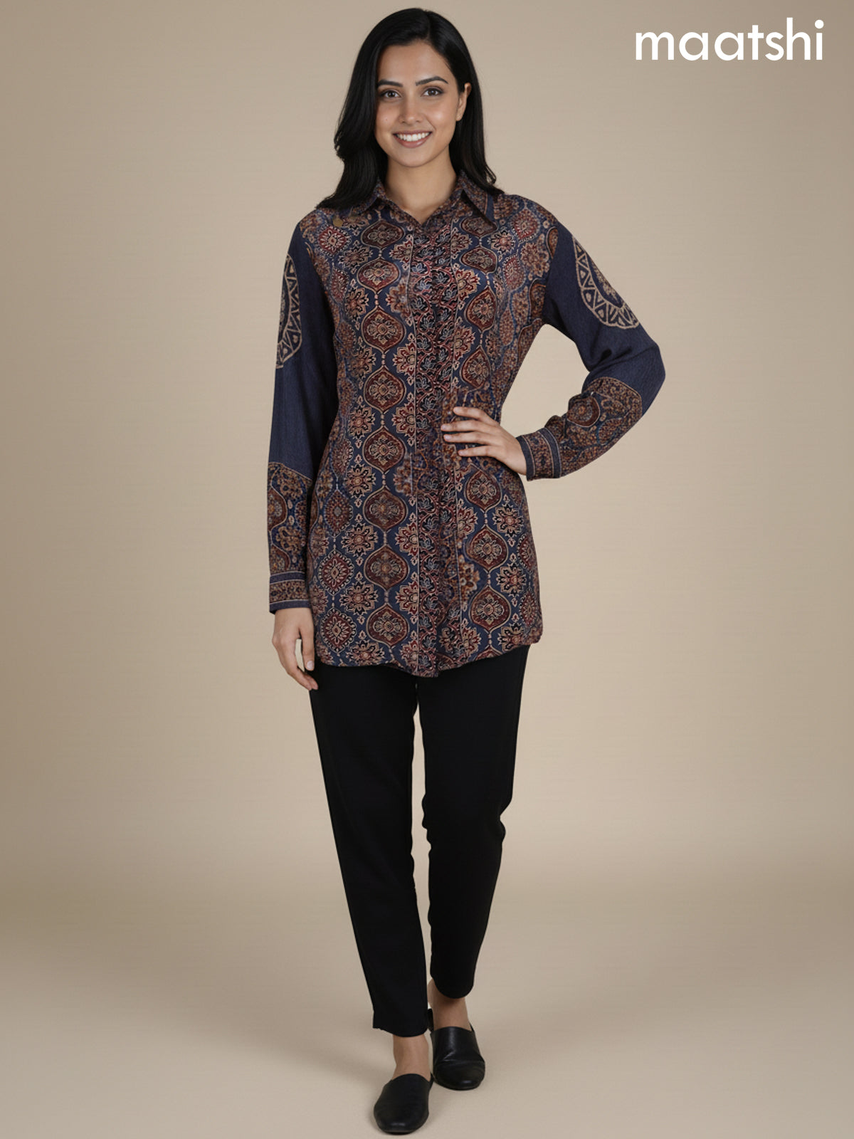 Grey and Maroon Crepe Silk Ajrakh Printed Women Shirt