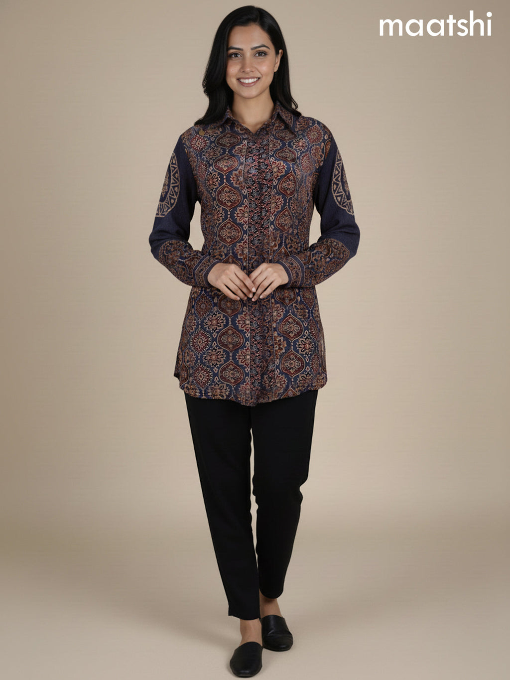 Grey and Maroon Crepe Silk Ajrakh Printed Women Shirt