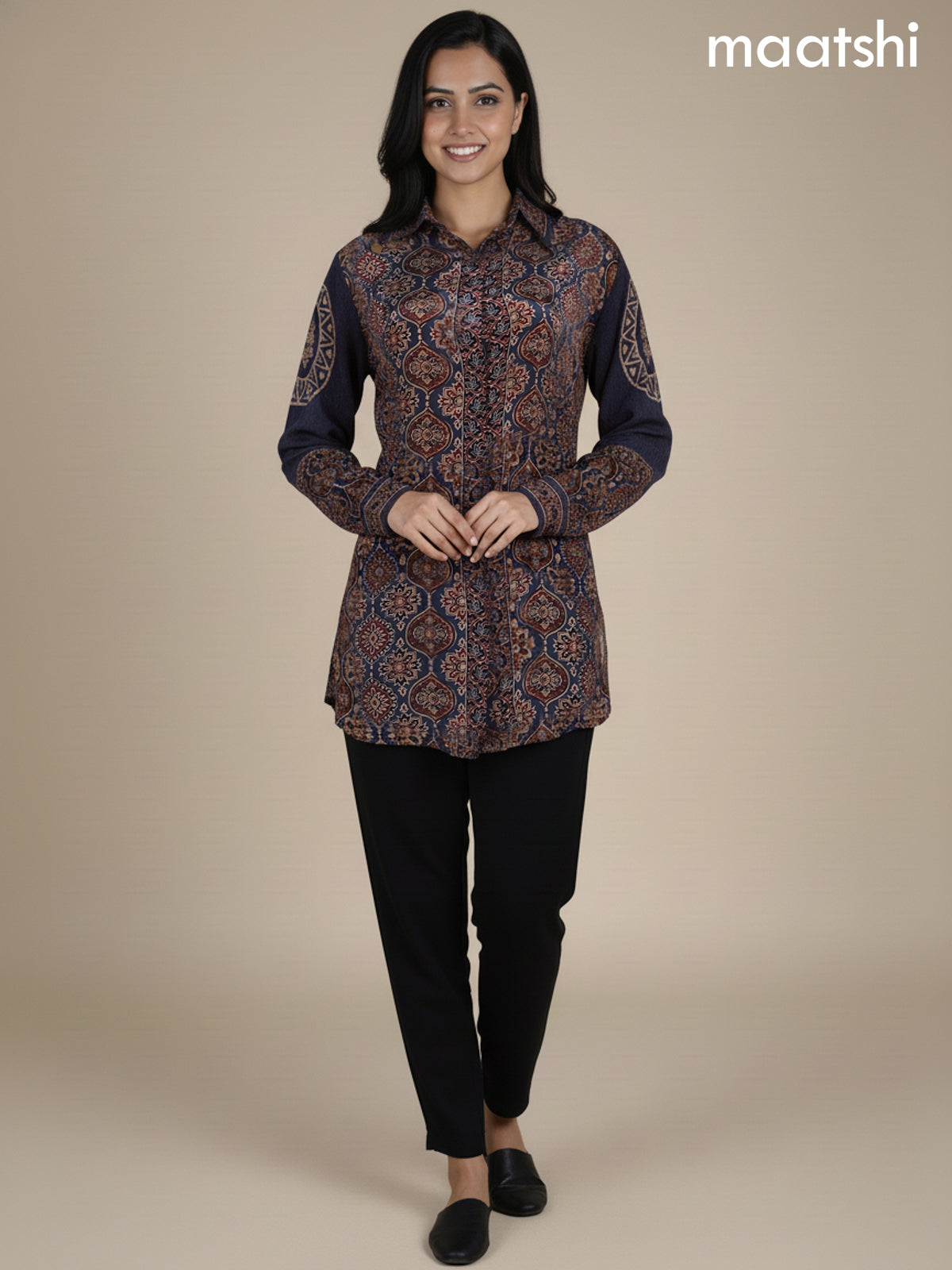 Grey and Maroon Crepe Silk Ajrakh Printed Women Shirt