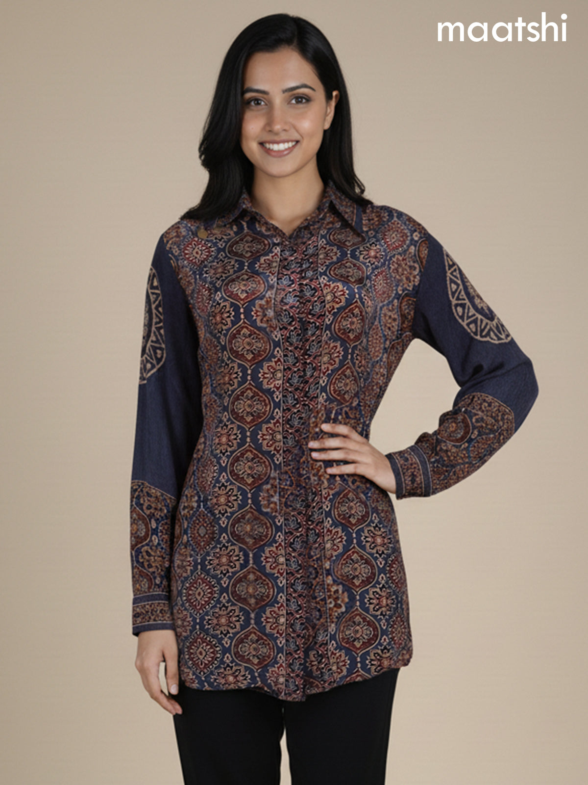 Grey and Maroon Crepe Silk Ajrakh Printed Women Shirt